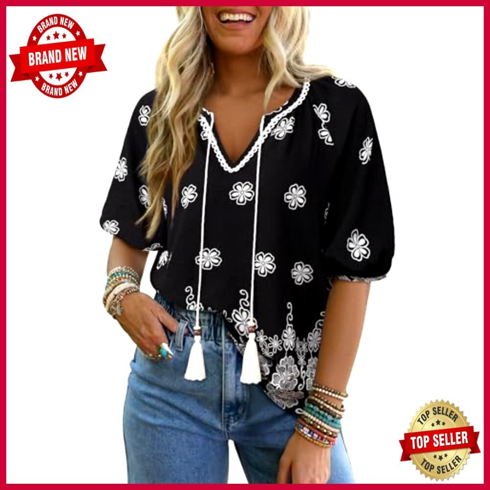 Boho Floral Blouse Loose Fit V-Neck Short Sleeve Summer Vacation Top - Picture 2 of 5